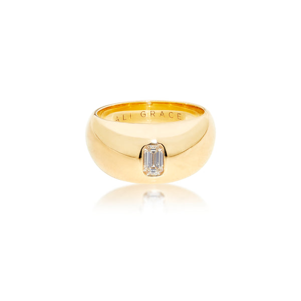 ali grace jewelry diamond bubble ring emerald cut diamond ring signet ring handmade in nyc recycled yellow gold ethically sourced diamond