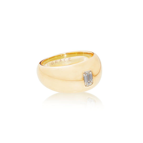 ali grace jewelry diamond bubble ring emerald cut diamond ring signet ring handmade in nyc recycled yellow gold ethically sourced diamond