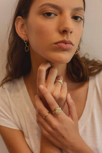 ali grace jewelry gold hoop statement earrings diamond pinky ring family heirloom jewelry custom charm necklace sustainable fashion design custom stackable diamond rings