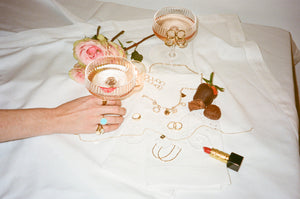 ali grace jewelry ali grace handmade sustainable jewelry ethical fashion design nyc new york city alternative wedding jewelry bridal jewelry 35mm film editorial photoshoot romance love champagne lipstick hoop earrings statement earrings custom charm necklace