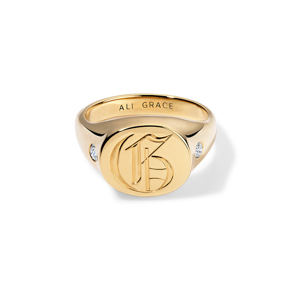 ali grace aligrace ali grace design ali grace jewelry handmade jewelry in nyc cool girl jewelry signet ring modern heirloom pinky ring hand engraving 18k yellow gold diamonds