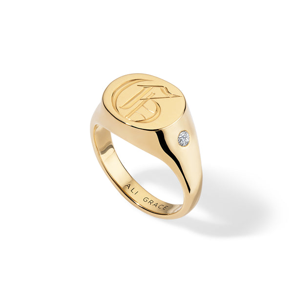 ali grace aligrace ali grace design ali grace jewelry handmade jewelry in nyc cool girl jewelry signet ring modern heirloom pinky ring hand engraving 18k yellow gold diamonds