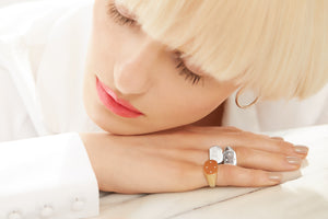 ali grace jewelry sustainable jewelry design handmade in nyc statement signet rings pinky rings model nora vai apm models