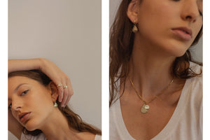 ali grace jewelry gold hoop statement earrings diamond pinky ring family heirloom jewelry custom charm necklace sustainable fashion design