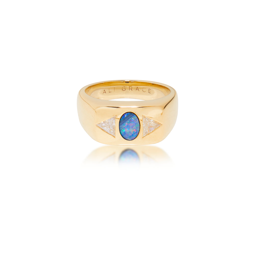 ali grace jewelry ali grace opal trillion diamond bubble gypsy set signet ring pinky ring handmade fine jewelry nyc australian opal ring