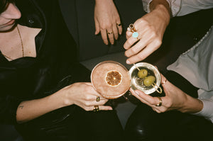 ali grace jewelry ali grace cheesecake sel rrose new york city handmade jewelry nyc sustainable fashion ethical design turquoise pinky signet ring peridot bubble ring cocktail party jewelry
