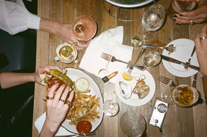 ali grace jewelry ali grace cheesecake sel rrose new york city handmade jewelry nyc sustainable fashion ethical design signet ring peridot bubble ring cocktail party jewelry custom charm necklace moon charm burger fries happy hour lipstick fashion editorial campaign 35mm film photography