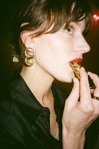 ali grace jewelry ali grace cheesecake sel rrose new york city handmade jewelry nyc sustainable fashion ethical design signet ring peridot bubble ring cocktail party jewelry custom charm necklace moon charm burger fries happy hour new york city lower east side les red lipstick beauty editorial shoot