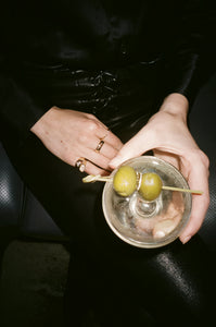 ali grace jewelry ali grace cheesecake sel rrose new york city handmade jewelry nyc sustainable fashion ethical design signet ring peridot bubble ring cocktail party jewelry custom charm necklace moon charm burger fries happy hour new york city lower east side les