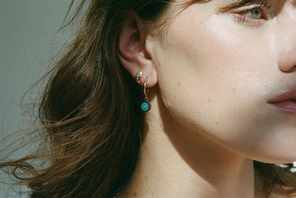 ali grace jewelry sustainable fashion ethical jewelry handmade fine jewelry turquoise diamond huggies earrings made in nyc