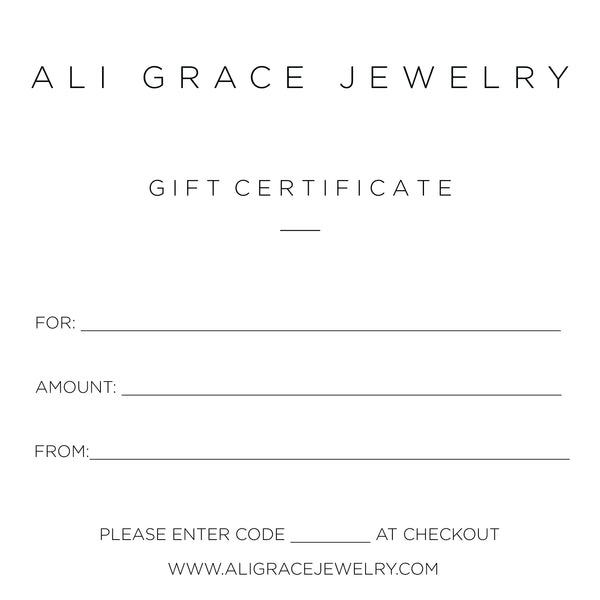ali grace jewelry gift certificate jewelry gift card mothers day jewelry handmade gift