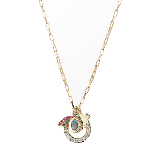 ali grace jewelry sustainable fashion design diamond custom charm necklace handmade in nyc  clover charm rainbow opal charm custom jewelry