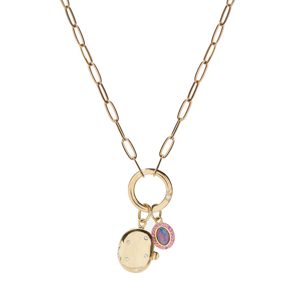 ali grace jewelry ali grace gold paperlink chain necklace custom charm necklace ethical design sustainable fashion lariat necklace locket opal pink sapphire celebrity gift guide